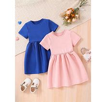Young Girl Casual Simple & Comfortable Knit Basic Round Neck Short Sleeve Dress With A-Line, 2Pcs/Set, Spring/Summer,7Y