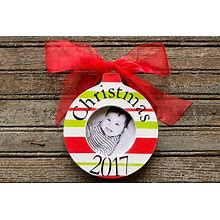 Personalized Christmas Ornament, Picture Frame Ornament, Christmas Gift, Ornament For Child, Monogram, Keepsake, Signature Stripes, Circle