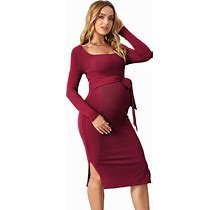 OYOANGLE Women's Maternity Rib Knit Split Hem Knot Front Square Neck Long Sleeve Bodycon Midi Dress