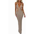 Women Sexy V Neck Bodycon Sweater Dress Knitted Halter Backless Hollow Out Waist Maxi Dress Party Club Long Dresses
