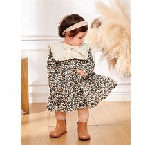 Baby Girl Ditsy Floral Print Bow Front Statement Collar Smock dress,0-1m