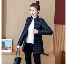 INEN Stand Collar Plain Zip Puffer Jacket Black 4XL