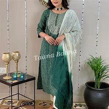 Indian Handmade Bollywood Wedding Party Special Rayon Green Printed Ankle Kurta, Pant And Embroidery Dupatta. Special For Women/Girls Dress.