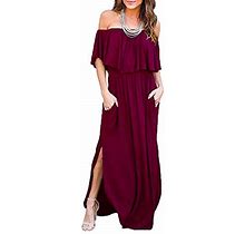 Lilbetter Womens Off The Shoulder Loose Plain Maxi Dresses Casual Long Dresses With Pockets Wine Red Large, 03 Wine Red