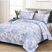 Blue Quilt Set King Size, 3 Pieces Botanical Bedspreads Set Lightweight Microfib