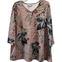 Northstyle Tops | North Style Floral Top V Neck Pullover 3/4 Sleeves Mauve Pink Shades Of Teal 1X | Color: Pink | Size: 1X
