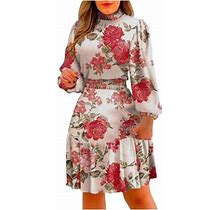 Fesfesfes Spring Dresses For Women Long Sleeves Floral Print Casual Short Sleeve Knee Length Dress Mock Neck Ruffle Splicing Dress