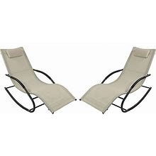 Sunnydaze Outdoor Rocking Wave Lounger With Pillow, Patio And Lawn Lounge Chair Rocker, Beige, Set Of 2