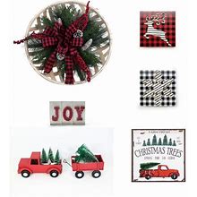 Fraser Hill Farm Farmhouse Christmas 5-Piece Decorating Kit: Basket-Top Wreath, Joy Blocks, Tree Sign, Truck/Wagon, Reindeer/Snowflake Plaques