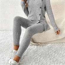 Ribbed Casual Two-Piece Set, Button Decor Long Sleeve Top & Pants, Trousers Outfits, Women's Clothing,Light Grey,Reliable,By Temu