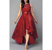Red Sexy Formal Solid Patchwork Asymmetrical With Bow O Neck Evening Dress Dresses(Red/3XL)