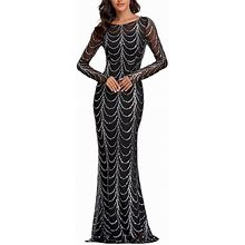 Lady's Premium Sequins Long Sleeves Mermaid Maxi Dress | Elegant Luxury Banquet Party Dress Evening Gowns, Black / 2XL
