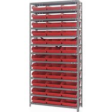 Quantum Storage Single Side Metal Shelving Unit With 36 Bins, 12in. X 36in. X 75in. Rack Size, Red, Model 1275-109RD