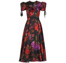 Rodarte Women's Floral Silk Puff-Sleeve Midi-Dress - Black - Size 12