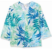 Alfred Dunner Women's Petite Watercolor Leaf Printed Two For ONE TOP, Green/Navy, PL