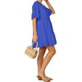 Fancyinn Womens Blue Shift Tunic Mini Dress With Pockets Short Bell Sleeve V Neck Casual Swing Ruffle Hem Dress XS