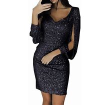 Winter Fall Dresses For Women Wedding Guest Long Sleeve Solid Sequined Stitching Shining Club Sheath Mini Dress