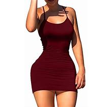 Lcnba Sexy Spaghetti Strap Tank Dress Basic Backless Bodycon Club Party Mini Dress M Wine Red, Medium