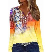 Knosfe Women Tops Fall 2023 Button Down Clothes Henley Shirts Women Floral V Neck Workout Casual Trendy Blouses For Women Plus Size Dressy Fitted Long