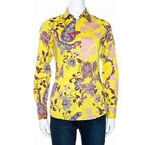 Etro Women's Yellow Floral Paisley Print Stretch Cotton Shirt Small