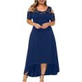 Rydcot Plus Size Women Sexy O-Neck Strapless Draw Back Lace Splicing Short Sleeve Dress Navy XL