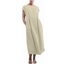 Tangnade Women's Casual Solid Cotton And Hemp Fashion Pocket O-Neck Dress