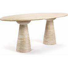 Dario Oval Stone Dining Table With Bi Conical Pedestal Base / White Travertine