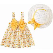 Girls Dress Off The Shoulder Sleeveless Floral Dress Bow Cute Sweet Suspender Dress Princess Dress With Hat Yellow 12