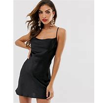 ASOS DESIGN Cami Mini Slip Dress In High Shine Satin With Lace Up Back In Black - Black (Size: 12)
