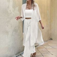 Solid Casual Two-Piece Set, Open Front 3/4 Sleeve Cardigan & Pants, Trousers Outfits, Women's Clothing,White,Customer-Favorite,Temu