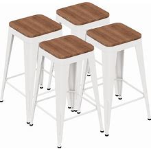 SHINEBOOM Barstools Set Of 4 White Metal Bar Stools Industrial Modern Bar Chairs With Wood Top For Kitchen Island Counter Height Cafe Resturant