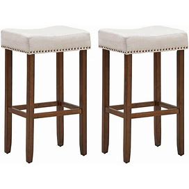 Beige Backless 29 in. Wood Nailhead Saddle Bar Stool With Fabric Seat (Set Of 2)
