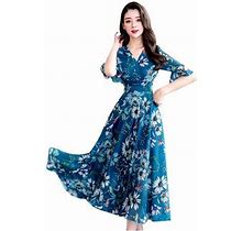 Zhizaihu Women Summer Dresses Floral Print A-Line V-Neck Short Flutter Sleeve Long Dress Party Casual Beach Dress Blue L