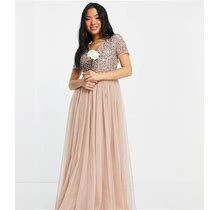 Maya Petite Bridesmaid Short Sleeve Maxi Tulle Dress With Tonal Delicate Sequins In Muted Blush-Neutral - Neutral (Size: 0)