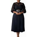 Centuryx Graceful Pleated Hem Dress With Lace Crochet And Belt For Women
