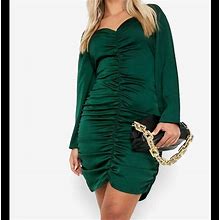 Boohoo Dresses | Boohoo Plus Size Satin Ruched Midi Dress Green | Color: Green | Size: 12