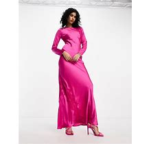 ASOS DESIGN Satin Long Sleeve Maxi Dress With Lace Applique Detail In Fuschia Pink - Pink (Size: 2)