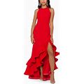 Betsy & Adam Petite Ruffled High-Low Gown - Red