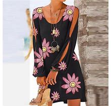 Women's Fall Floral Print Round Neck Dress Ladies Hollow Long Sleeve