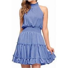 Women's Neck Ruffle Dress Sleeveless Solid Mini Sundress Elastic Waist Summer Flowy Tiered A Line Short Dress
