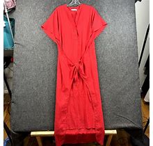 Vince Dress Women's Medium Red Tie-Front Slit Neck Poplin Midi Short Sleeve