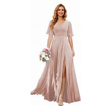 Noras Dress Women's V Neck Bridesmaid Dresses With Sleeves Chiffon A Line Formal Dress Long With Slit 2024 NO101