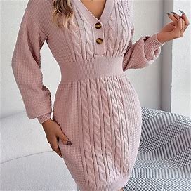 Solid Color Knit Sweater Dress, Knit Dress, Women's Cable Knit Sweater Dress Casual V Neck Women's Clothing Long Sleeve Dress All-New,Temu