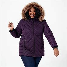Nuage Stretch Mixed Quilted Puffer Coat W/ Removable Faux Fur Hood - New Women | Color: Purple | Size: 1X