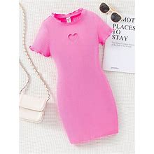 Girls' Pink Heart-Shaped Cutout Dress, Toddler Girls' Vintage Simple Street Knitted Short Sleeve Dress, Solid Color,7Y