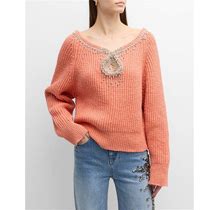 Hellessy Blair Crystal Cutout Rib Sweater, Coral, Women's, XS, Sweaters