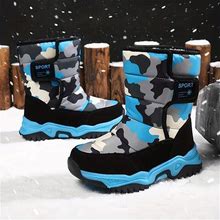 Casual Camouflage Comfortable Boots For Boys, Soft Warm Plus Fleece Boots For Indoor Outdoor Walking, Autumn And Winter,Blue,Reliable,Temu