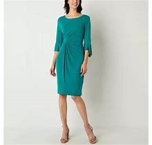 Connected Apparel Petite 3/4 Bell Sleeve Sheath Dress | Green | Petites 8 Petite | Dresses Sheath Dresses | Stretch Fabric | Easter Fashion