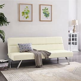 Zoe Futon Sofa Bed Faux Leather Modern Convertible Folding Sofa Bed Couch With Chrome Legs, Small Reclining Couch - Cream