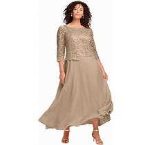 Roaman's Women's Plus Size Petite Lace Popover Dress - 16 W, Beige